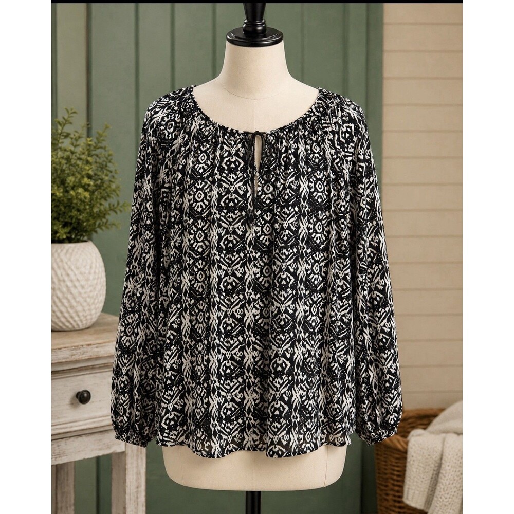 Faded Glory L 12-14 Black White Ikat Print Peasant Blouse Rayon Long Sleeve